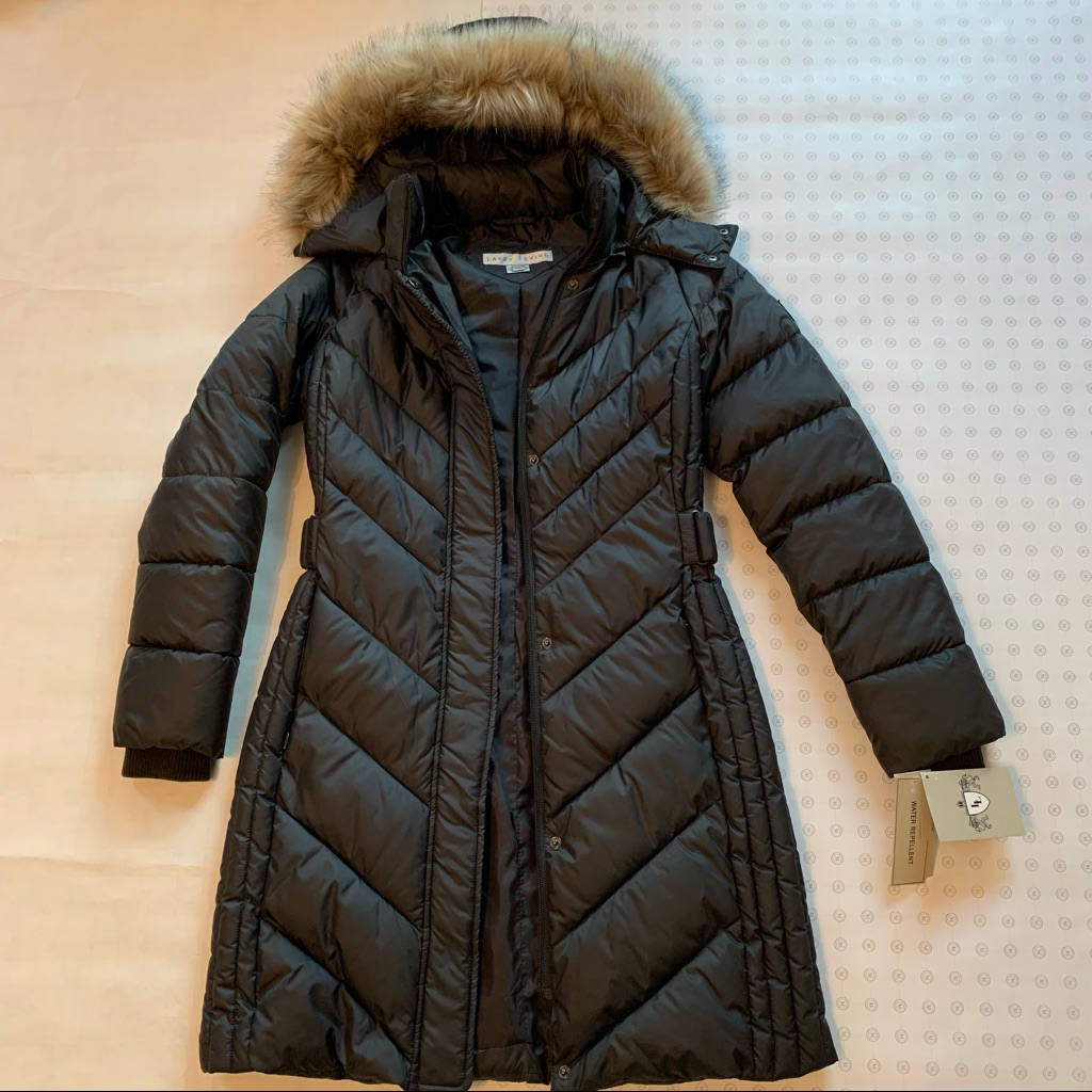 Nwt Larry Levine Quilted Winter Jacket With Faux Fur Removable Hood Xs